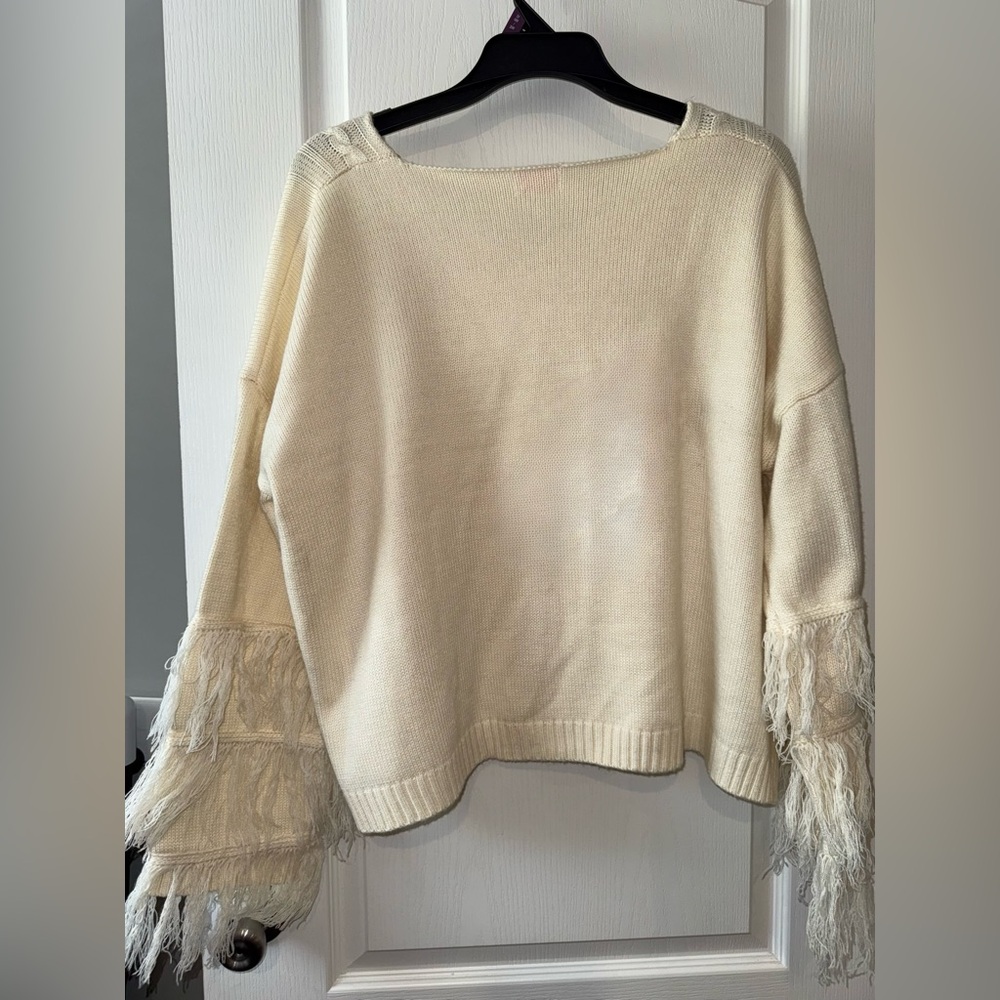 Pink Lily Cream Cable Knit Fringe Scoop Neck Sweater - Picture 6 of 6